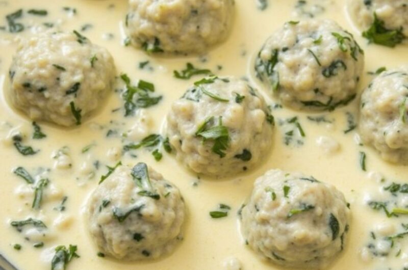 Chicken Ricotta Meatballs with Spinach Alfredo Sauce